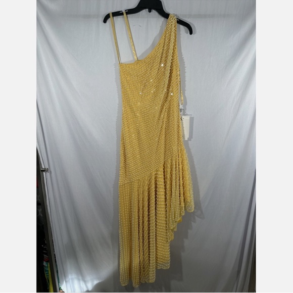 NWT $598 Mac Duggal [ 6 ] Pearl One Shoulder Asymmetrical Hem‎ Dress Yellow - Picture 10 of 15